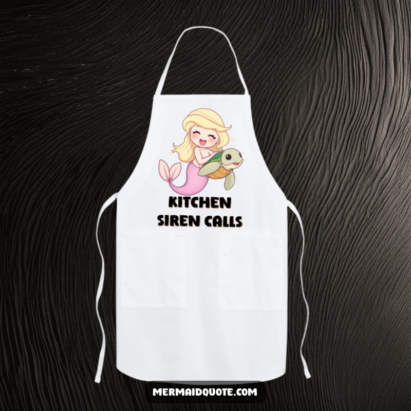 Funny apron showing a mermaid laughing as she tickles a bashful sea turtle, perfect for a fun kitchen.