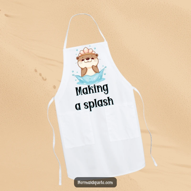 Funny kitchen apron illustrating a kawaii otter with a seashell crown, playfully splashing water upwards, ideal for cooking with adorable humor.