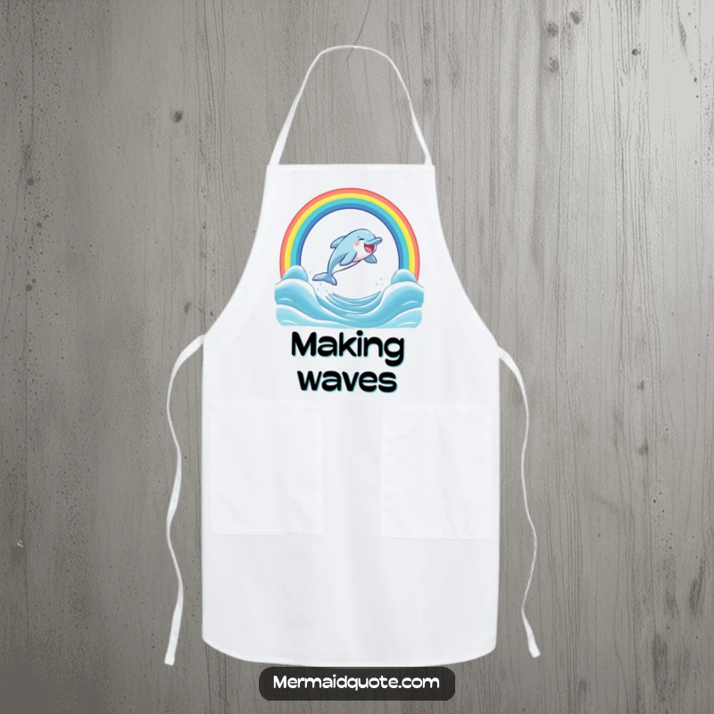 Funny apron showing a happy dolphin jumping through a bright rainbow arch above the ocean, perfect for a cheerful cook.