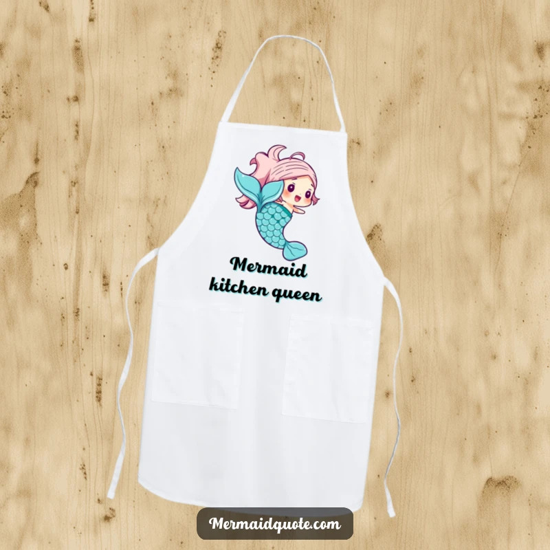 Funny mermaid tail apron showing a joyful character with shimmering scales in a swishing motion, ideal for cooking.