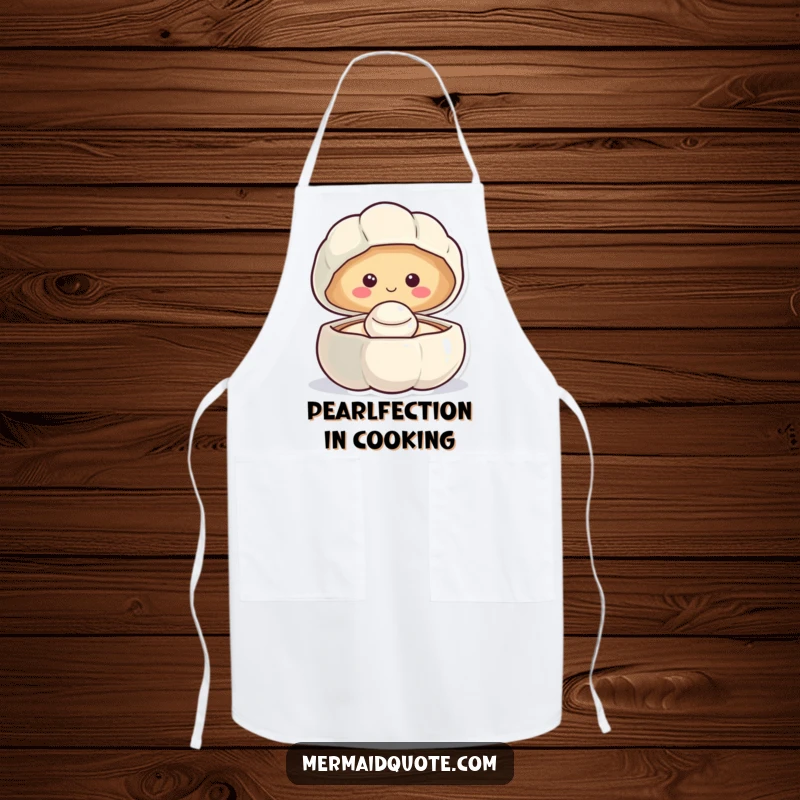 Funny smiling clam apron revealing a happy pearl, ideal for kitchen use and bringing cheerful ocean vibes.