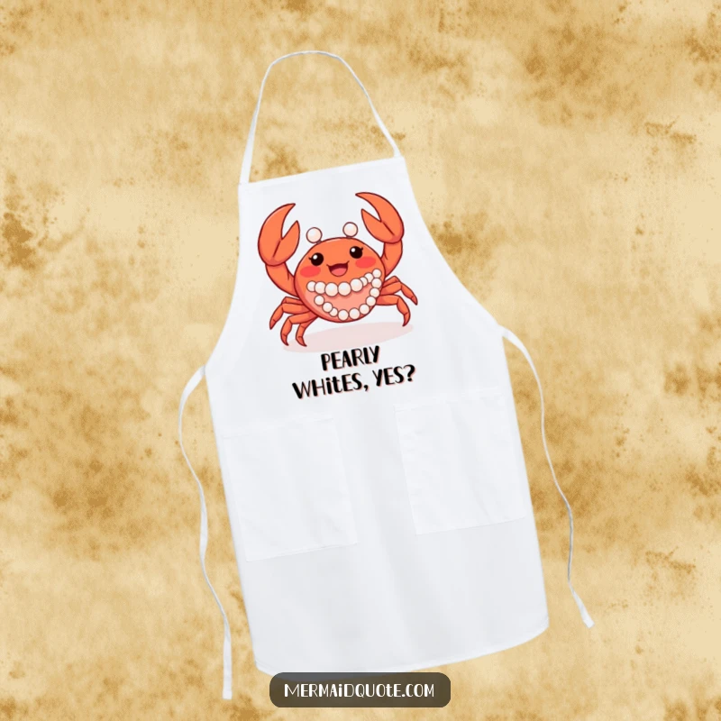 Funny crab creature waving its claws, adorned with pearls, printed on a functional and chic apron.