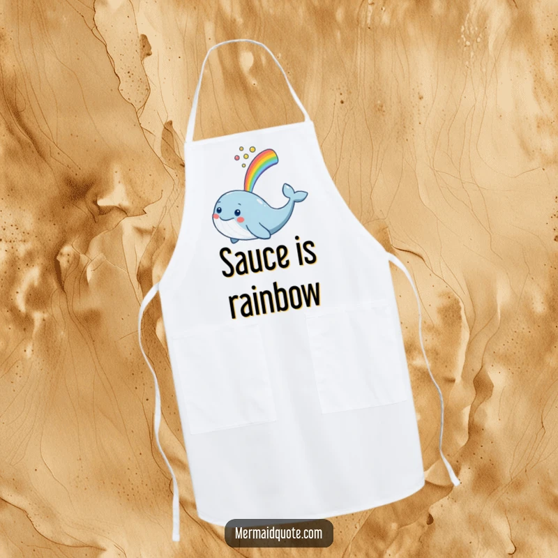 Funny smiling whale spouting a rainbow, printed on a practical apron for culinary fun and cheer.