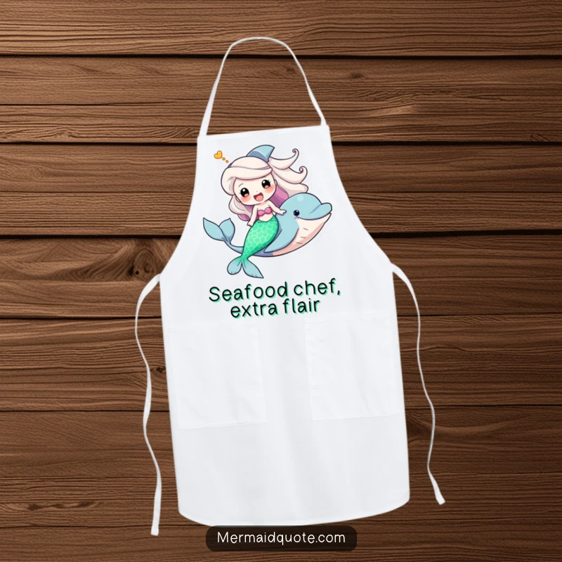 Funny apron illustrating a mermaid joyfully riding a dolphin with a triumphant grin, making kitchen duties hilariously fun.