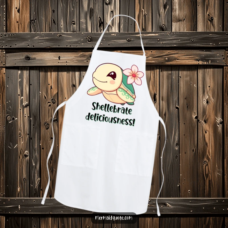 Funny sea turtle winking with a flower, swimming fast, on a durable kitchen apron.
