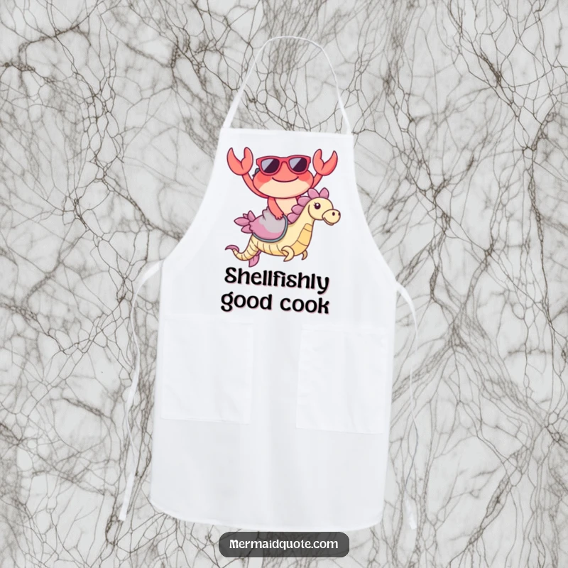 Funny Crab Sunglasses Apron: A humorous apron showing a happy crab in sunglasses riding a seahorse, perfect for kitchen fun.