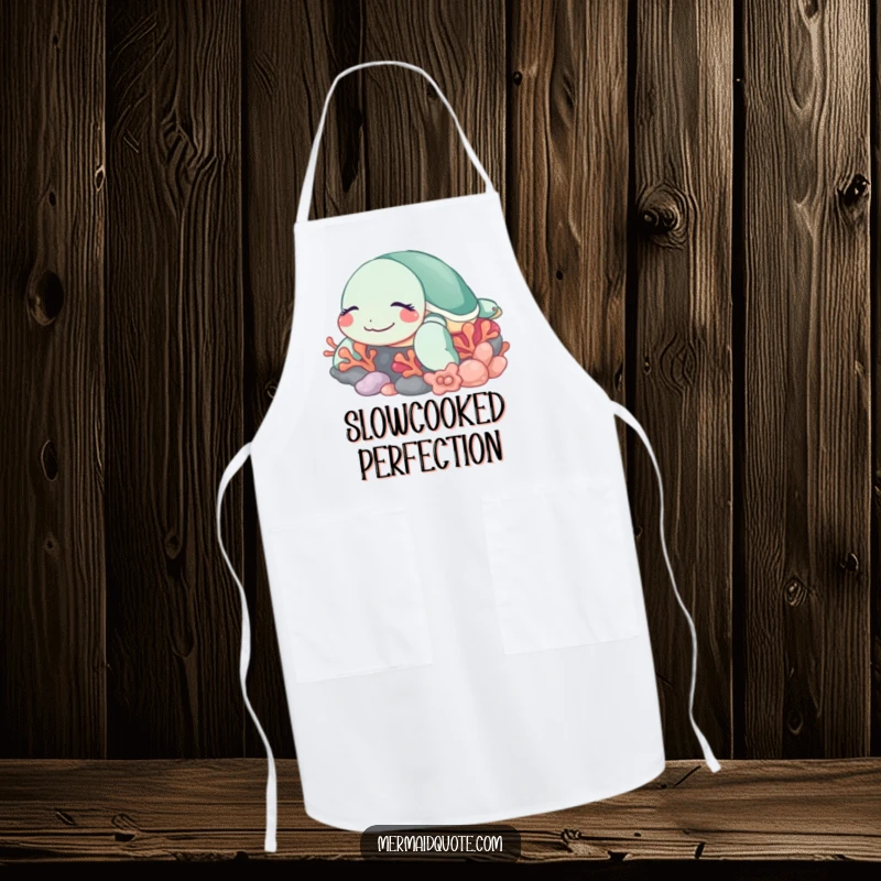 Funny sleeping turtle apron showing a content sea creature with a peaceful smile, resting near coral, perfect for kitchen protection.