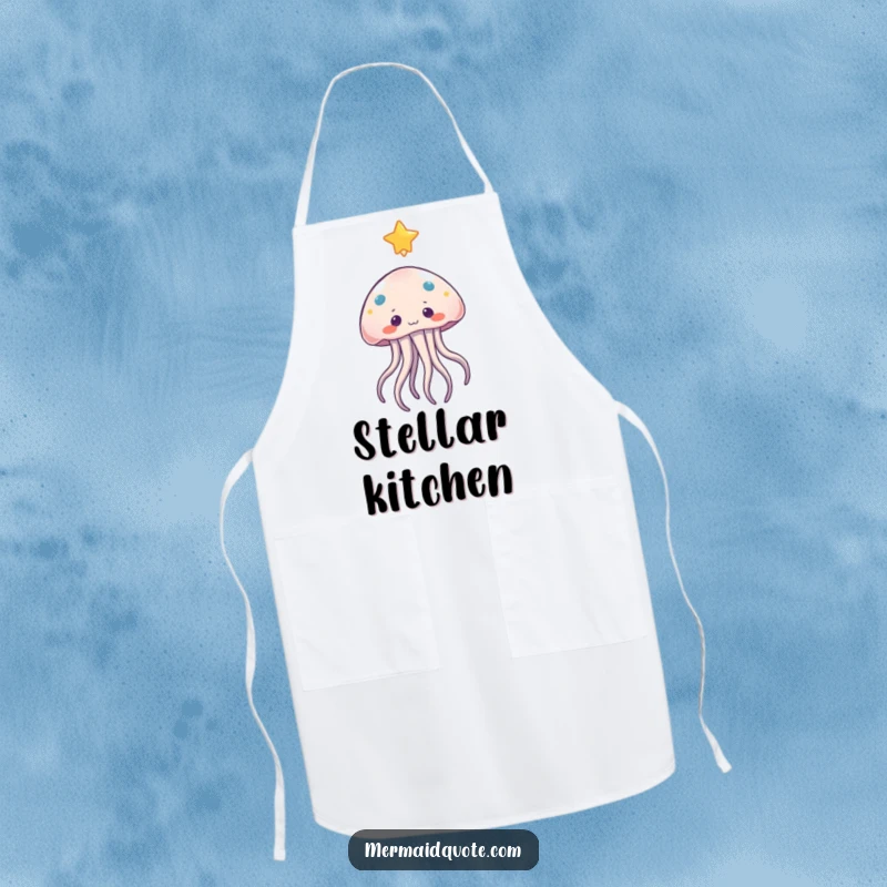 Funny jellyfish apron showing a curious character with gentle tentacles reaching for a floating star, ideal for cooking.