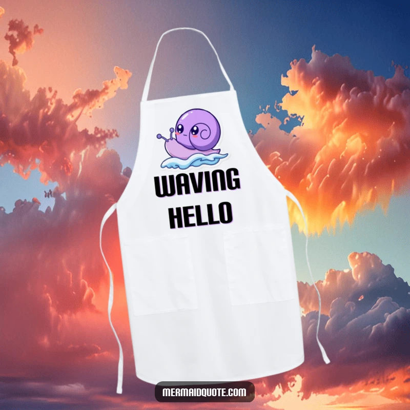 Funny purple sea snail creature with bubbly eyes, humorously riding a small wave, printed on a functional and funny apron.