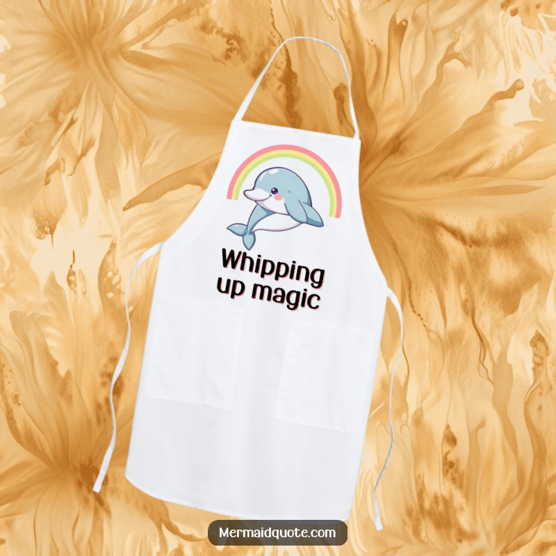 Funny smiling dolphin leaping high with a rainbow arc, on a durable kitchen apron.