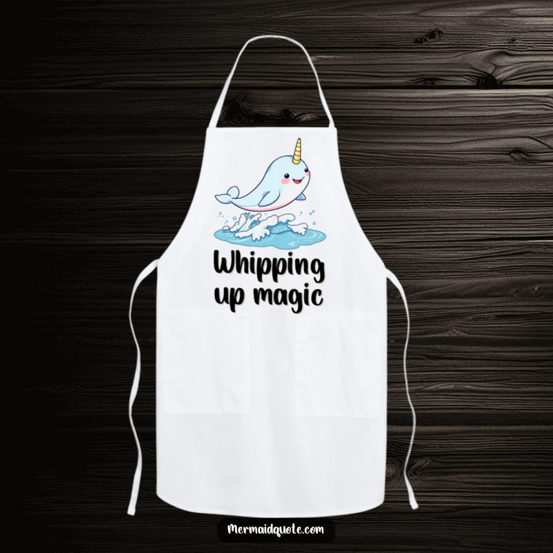 Funny kawaii narwhal leaping gleefully through a shimmering wave on an apron, whimsical kitchen accessory.