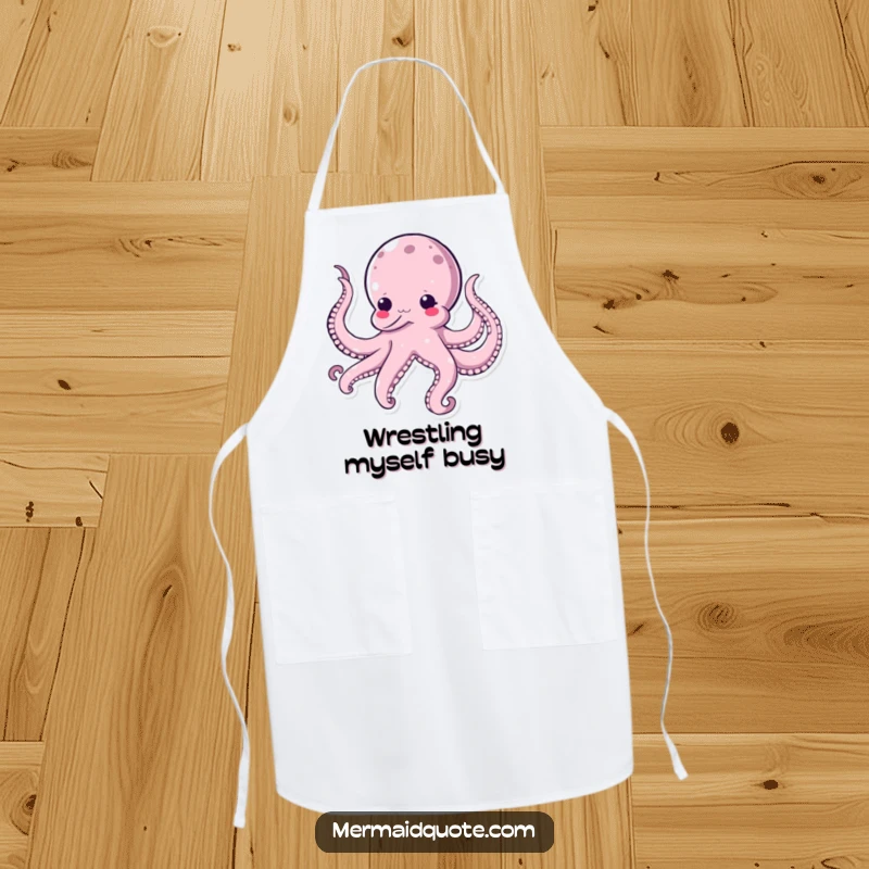 Funny kawaii octopus apron, showing a comical octopus tickling its own tentacles, perfect for adding humor to kitchen activities.