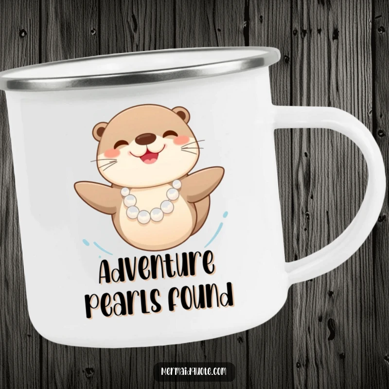 Funny happy sea otter with a pearl necklace, swimming joyfully, designed for outdoor adventures on a sturdy camping mug.