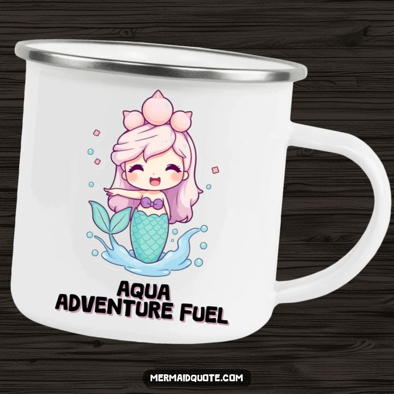 Funny Mermaid Camping Mug with a friendly mermaid in a seashell crown playfully splashing water, durable for outdoor fun and cheer.