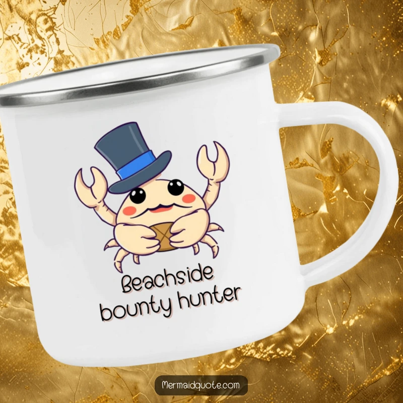 Funny crab wearing a top hat, holding a tiny treasure, on a durable camping mug for rugged explorers.