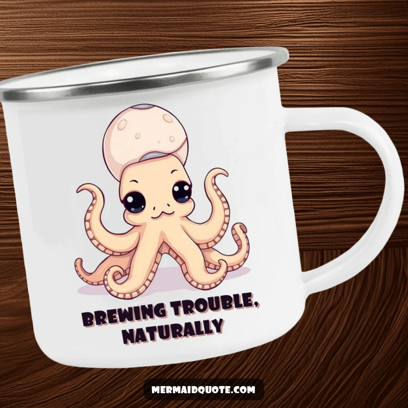 Funny octopus camping mug showing a tenacious sea creature balancing a stack of seashells, designed for rugged adventures and big laughs.