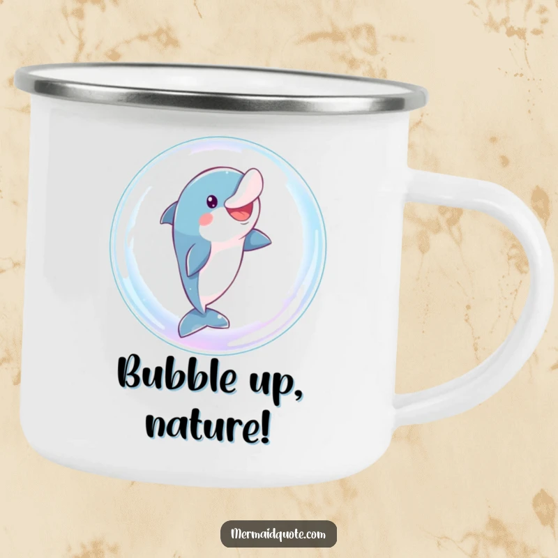 Funny dolphin camping mug showing a playful character comically leaping through a giant, sparkling bubble, perfect for drinks outdoors.