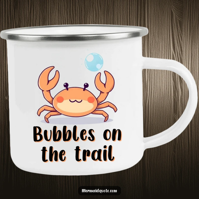 Funny tiny crab playfully waving its tiny claws at a bubble, a durable camping mug for beach adventures.