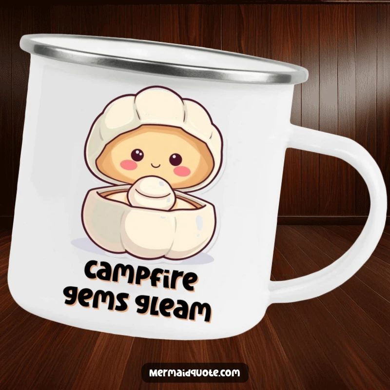 Funny smiling clam camping mug revealing a happy pearl, durable and cheerful for outdoor excursions.