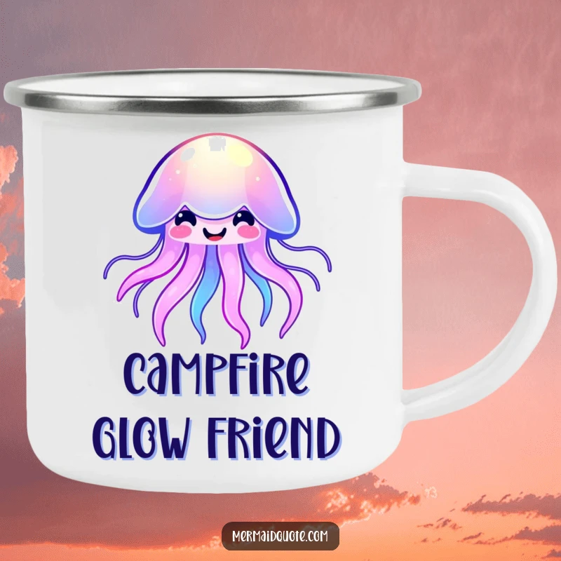 Funny kawaii jellyfish camping mug showing a smiling, brightly glowing sea creature, designed for cheerful outdoor experiences and memorable trips.