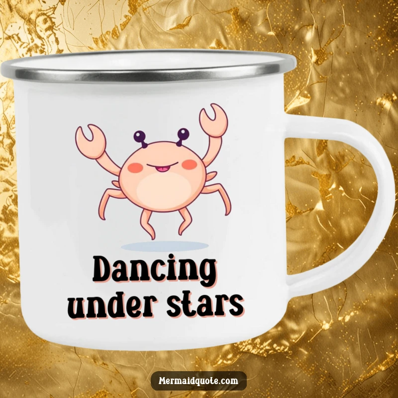 Funny little crab with extra legs doing a funny leg dance on a camping mug, ideal for outdoor fun.