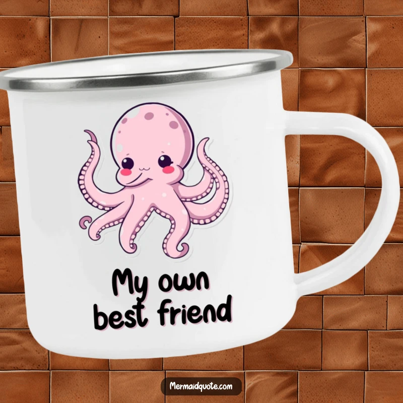 Funny kawaii octopus camping mug, depicting a comical octopus tickling its own tentacles, ideal for outdoor enthusiasts who love humor.