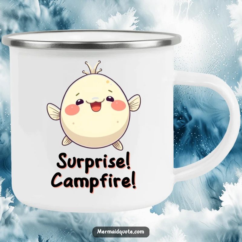 Funny pufferfish camping mug, comically puffed up with delighted surprise, perfect for adding humor to outdoor drinking experiences.
