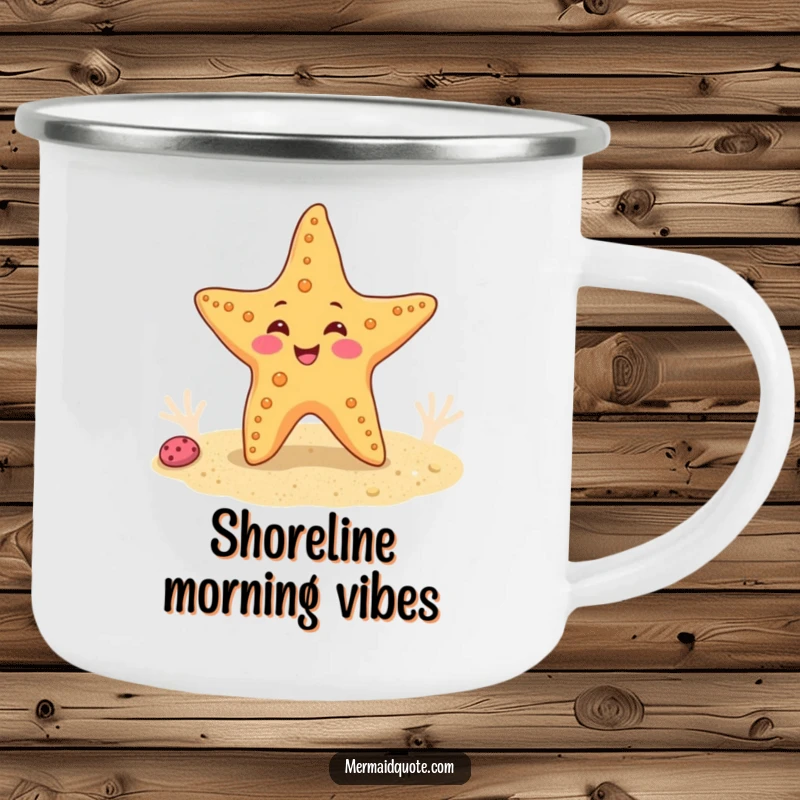 Funny camping mug with a happy starfish doing a wiggle dance on a sandy seabed, designed for ocean lovers and humor.