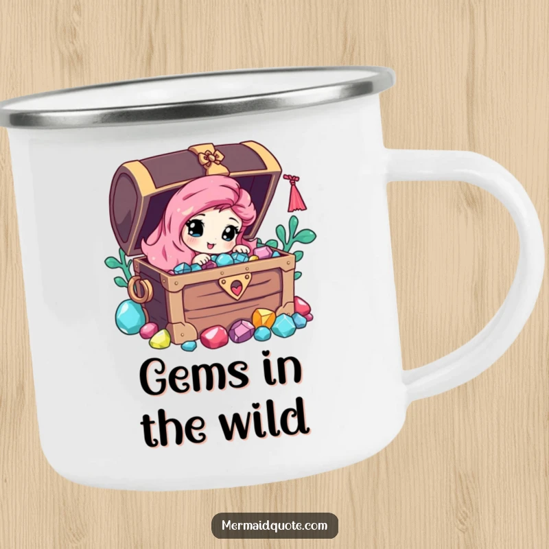 Funny camping mug with a curious mermaid peeking from behind a treasure chest of gems, perfect for magical journeys.