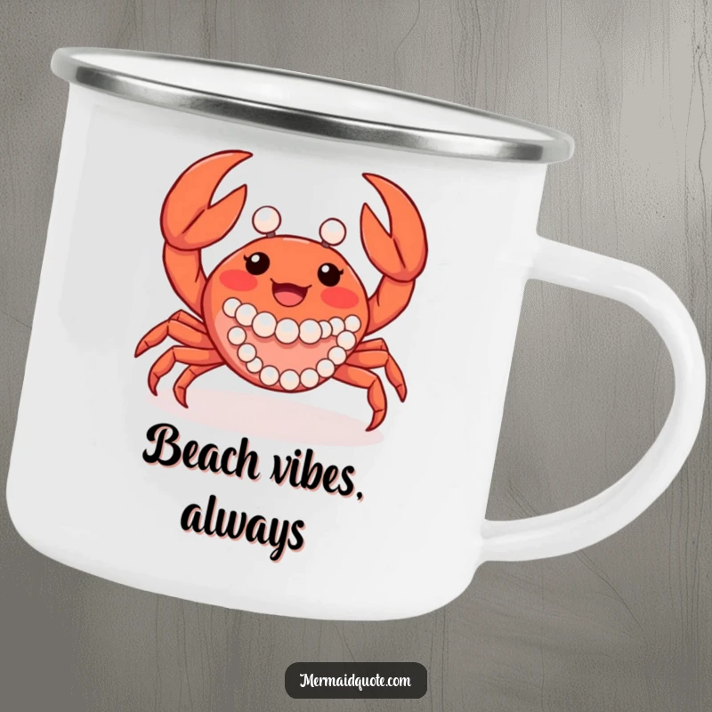 Funny crab creature waving its claws, adorned with pearls, humorously depicted on a sturdy camping mug.