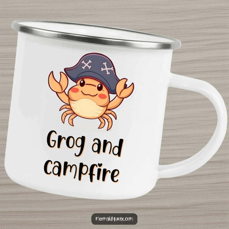 Funny Camping Mug of a little crab wearing a pirate hat, waving a claw amicably, designed for adventurous souls who enjoy humor.