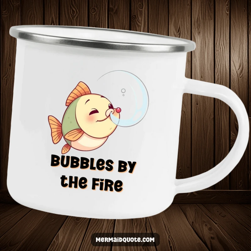 Funny fish camping mug showing a focused little sea creature blowing a substantial bubble, perfect for outdoor adventures and motivational sips.