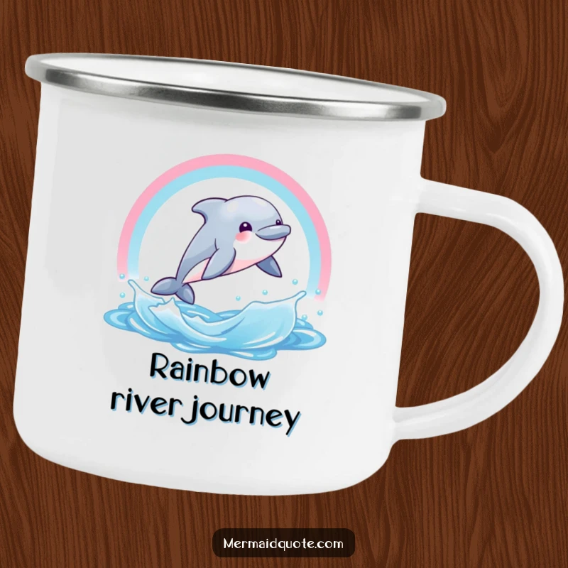 Funny camping mug showing a happy dolphin creature jumping through a rainbow water splash. Great for outdoor beverages.