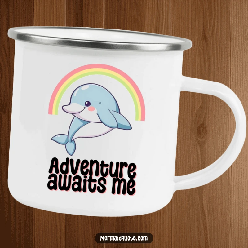 Funny smiling dolphin leaping high with a rainbow arc, on a durable camping mug.