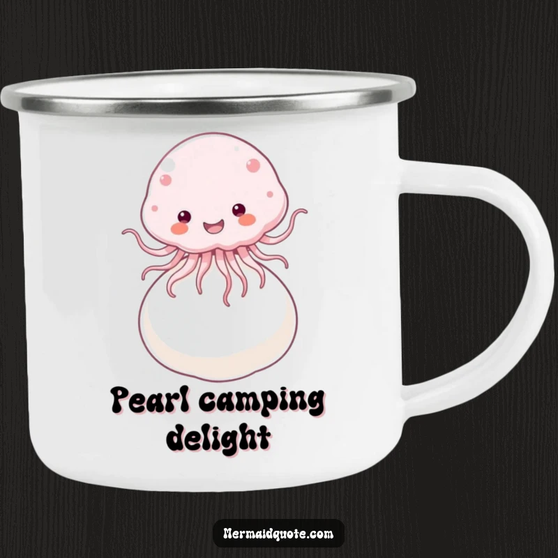 Funny Camping Mug with a fluffy jellyfish joyfully bouncing on a giant pearl, perfect for outdoor whimsical moments.