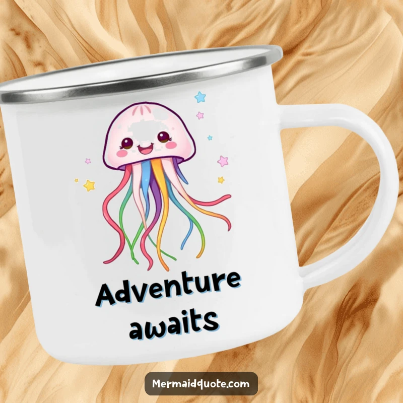 Funny jellyfish creature with colorful ribbons, humorously depicted on a durable camping mug for outdoor enthusiasts.