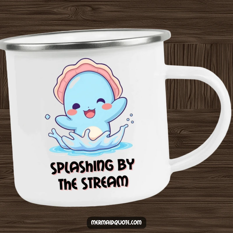 Funny camping mug with a kawaii blue creature with a seashell hat, splashing water playfully, adding seaside charm to adventures.