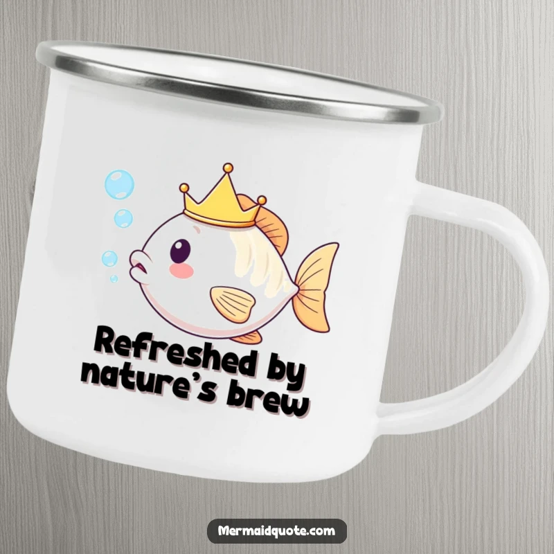 Funny kawaii fish wearing a crown, blowing bubbles, designed for outdoor adventures on a sturdy camping mug.
