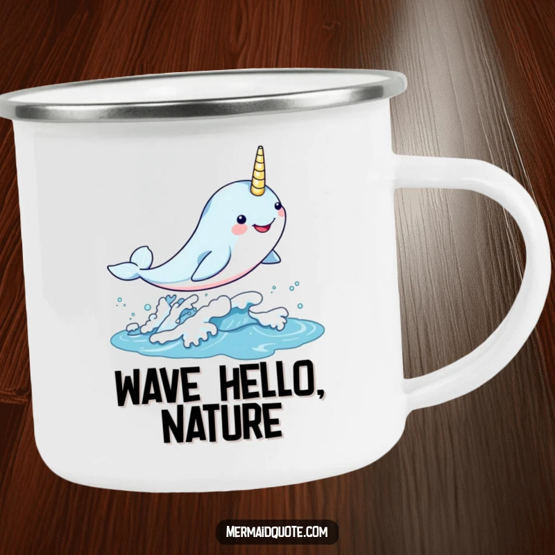 Funny kawaii narwhal leaping gleefully through a shimmering wave on a camping mug, ideal for outdoor fun.