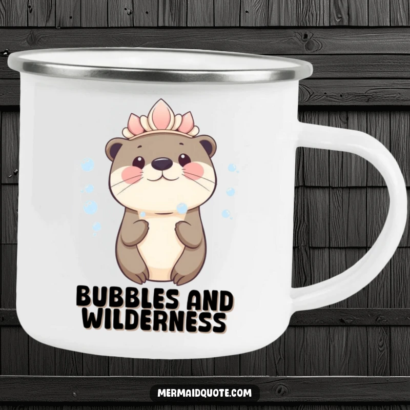 Funny kawaii otter wearing a seashell crown blowing bubbles on a camping mug, ideal for outdoor excursions and smiles.