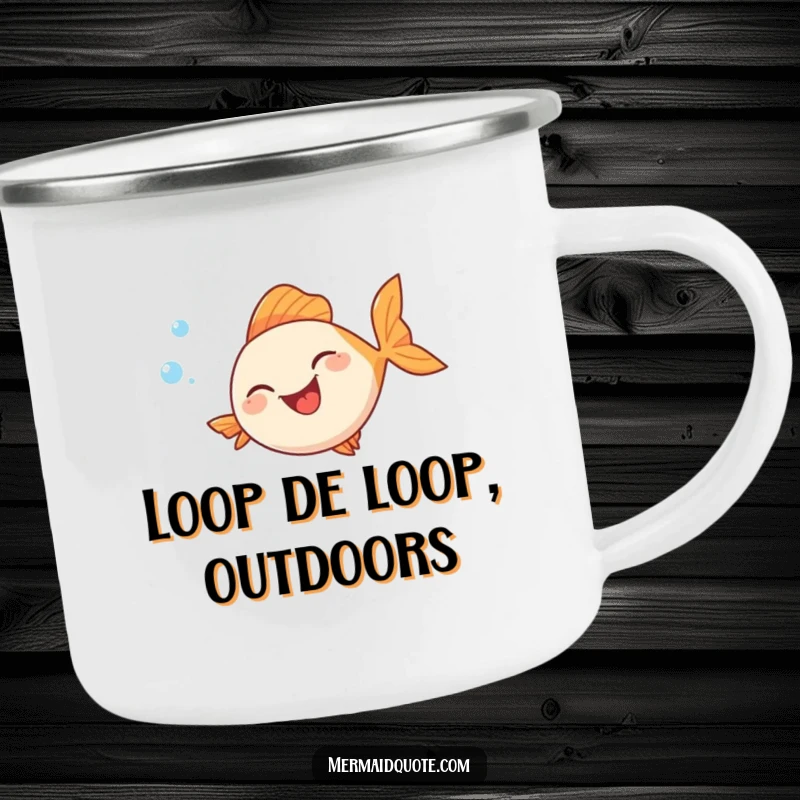 Funny camping mug depicting a fish with an infectious laugh, generating a trail of bubbles as it swims in a humorous, endless circle.