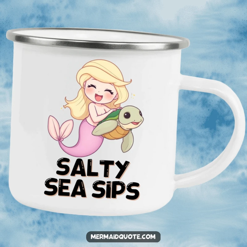 Funny camping mug with a laughing mermaid tickling a shy sea turtle, celebrating the joy of the ocean.