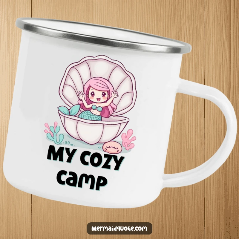 Funny camping mug of a mermaid waving from inside a giant clam, for outdoor greetings.