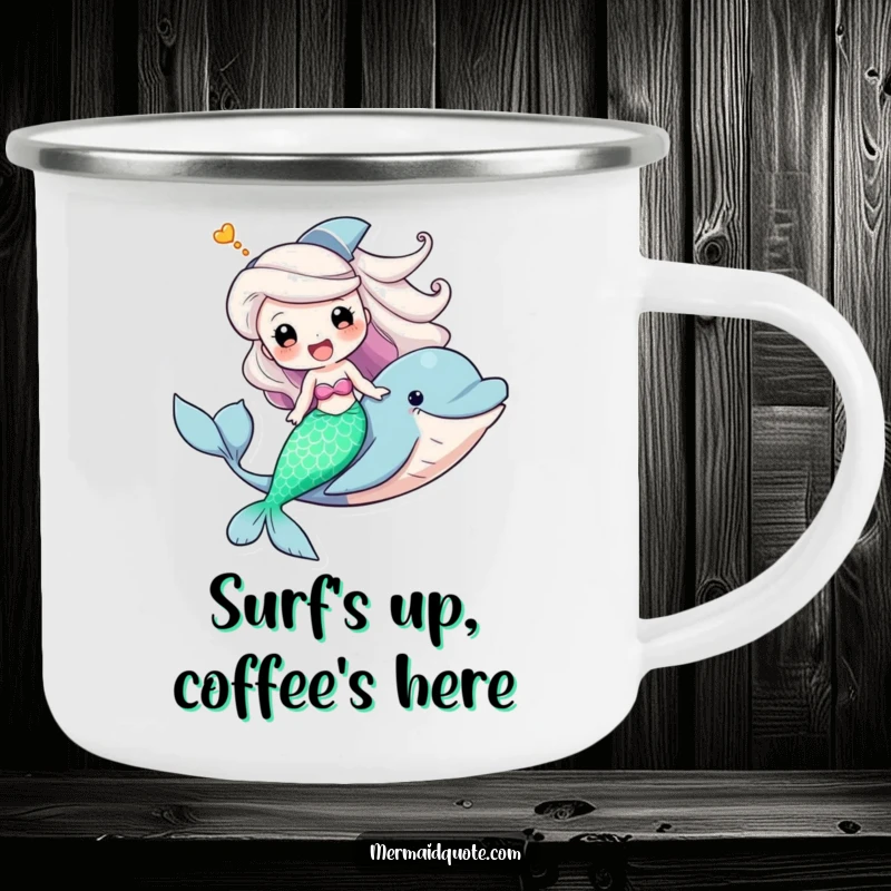 Funny camping mug featuring a mermaid on a triumphant dolphin ride, perfect for sipping coffee during outdoor escapades.