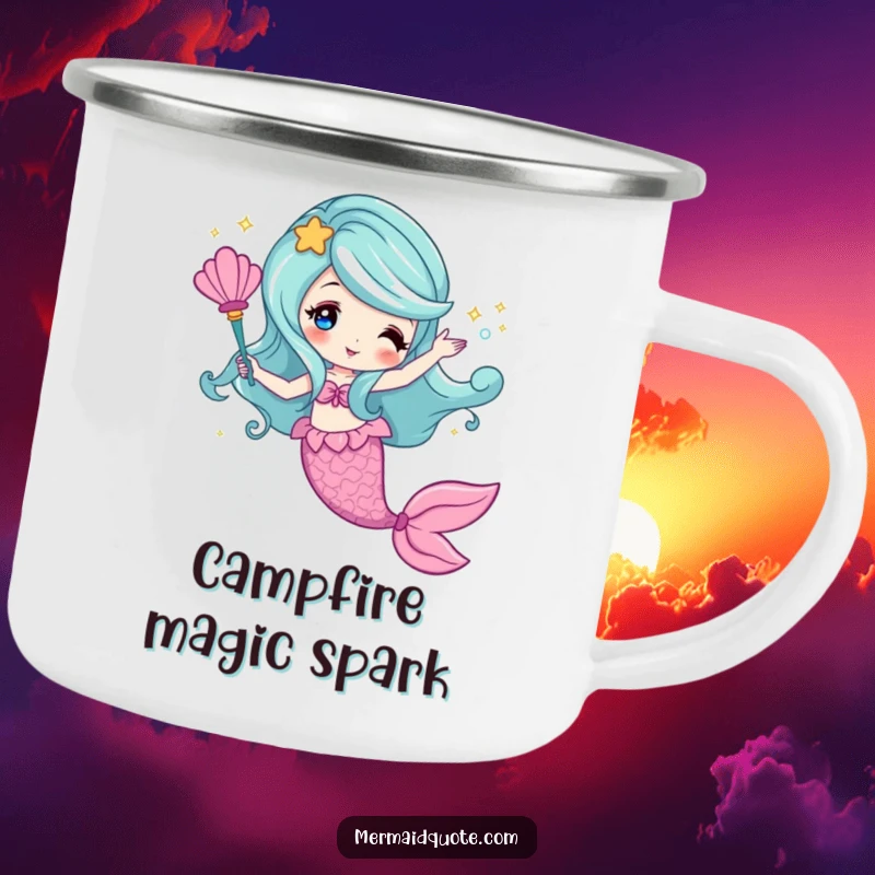 Funny camping mug of a mermaid creating sparkling magic with a seashell wand, for outdoor enchantment.
