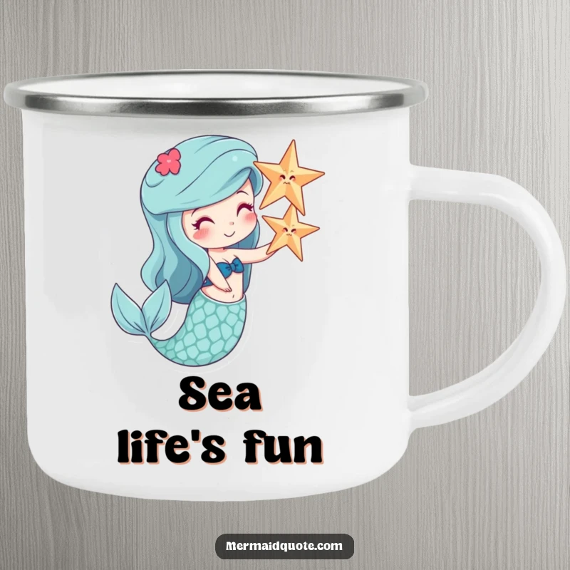 Funny camping mug featuring a smiling mermaid balancing a starfish on her nose, for outdoor laughs.