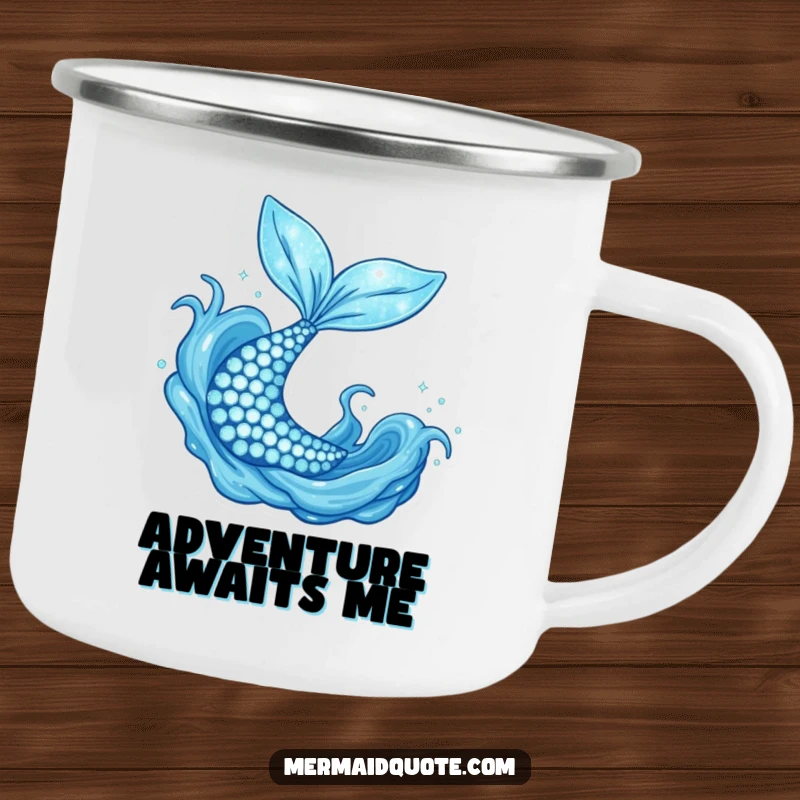 Funny sparkly mermaid tail flipping joyfully, a durable camping mug for magical outdoor adventures.