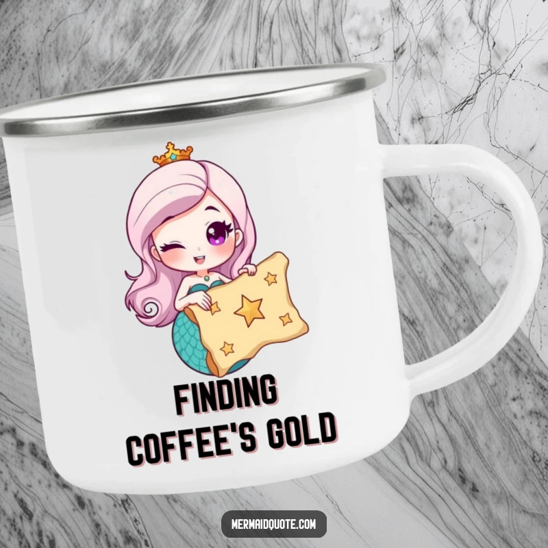 Funny camping mug featuring a winking mermaid holding a treasure map with a star, perfect for enjoying beverages on adventures.
