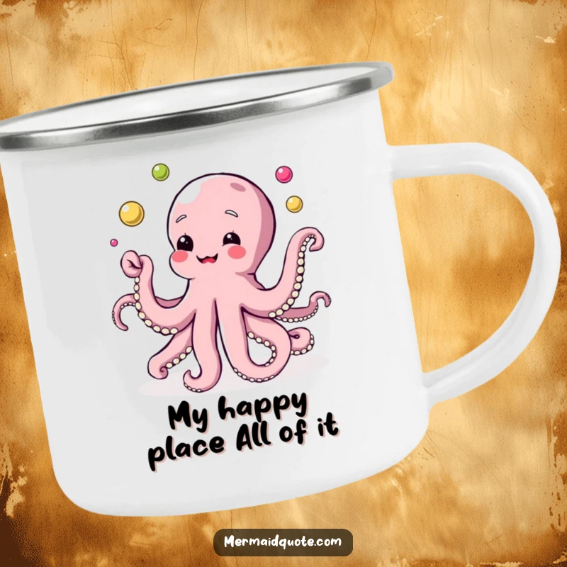 Funny camping mug with a durable design, depicting an octopus adeptly juggling lustrous pearls, ready for outdoor escapades.