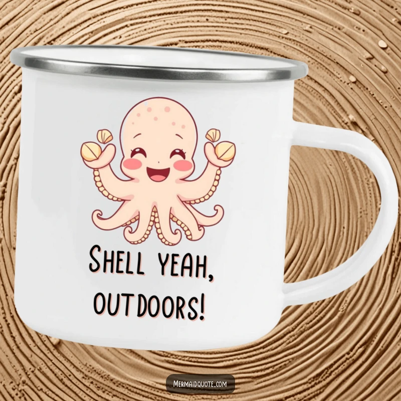 Funny enamel camping mug with a smiling octopus waving tiny seashells, great for outdoor trips and adding a humorous touch to beverages, a gift.